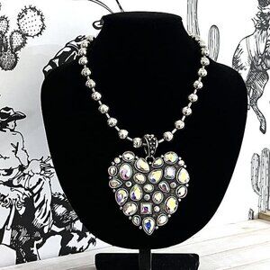 Chunky Aurora Borealis Pastel Rainbow Crystal Western Silver Heart Necklace